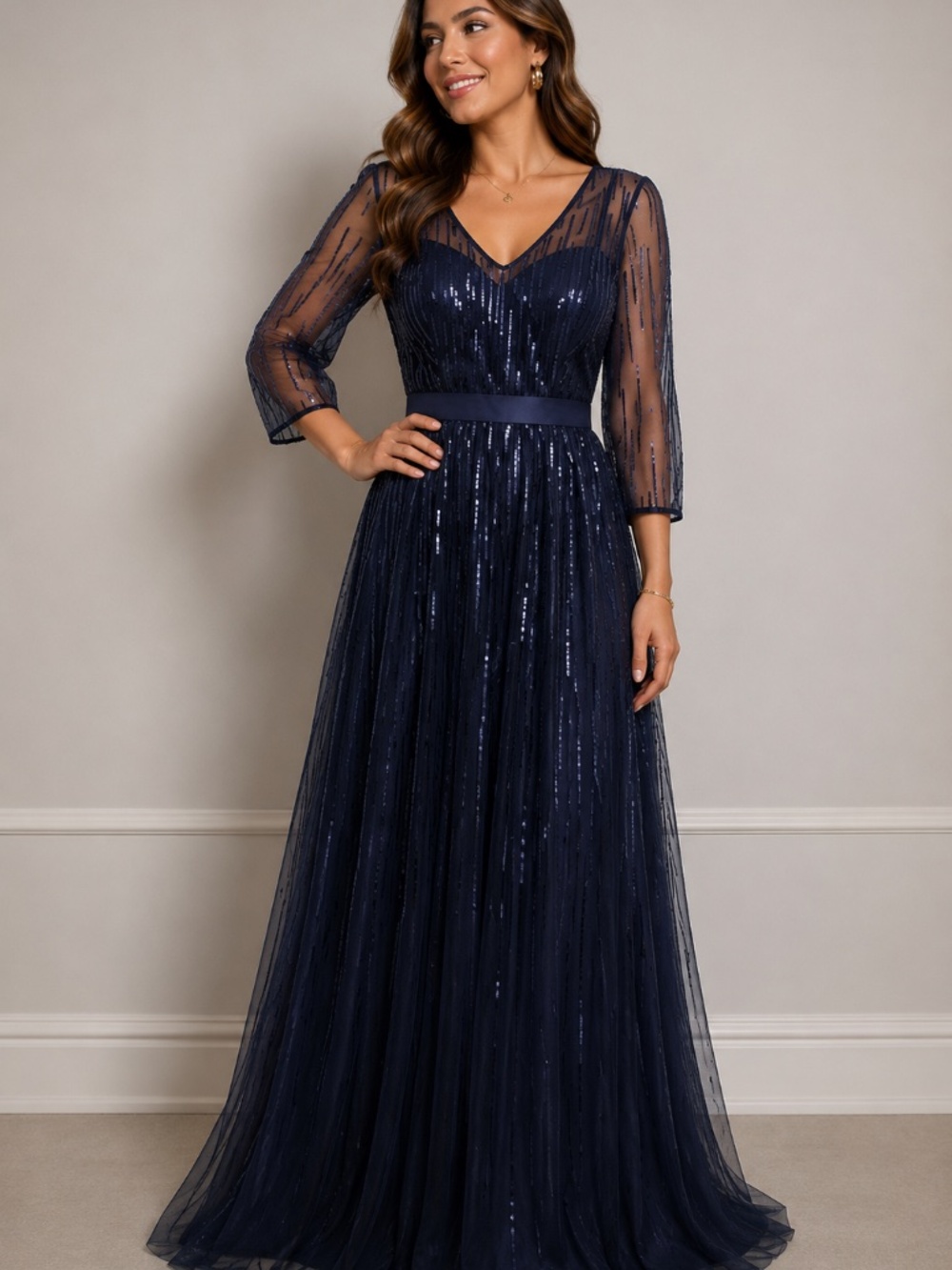 NWT. Eliza j. Navy blue sequin long sleeve gown
